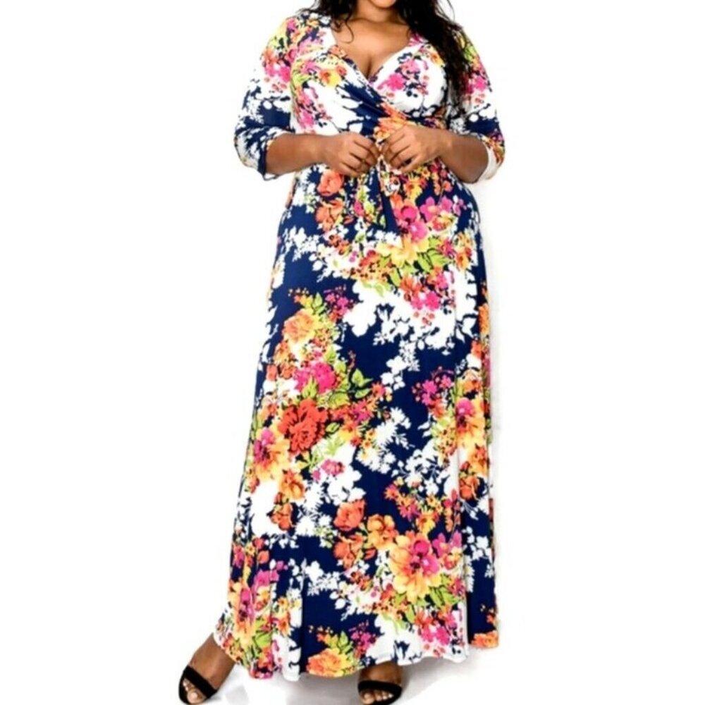 Janette Fashion Navy Tropical Faux Wrap Maxi Plussize Dress
